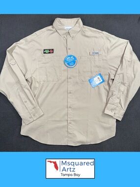 Columbia PFG Fishing Shirt Large Beige Long Sleeve UPF 40 Vented Outdoor